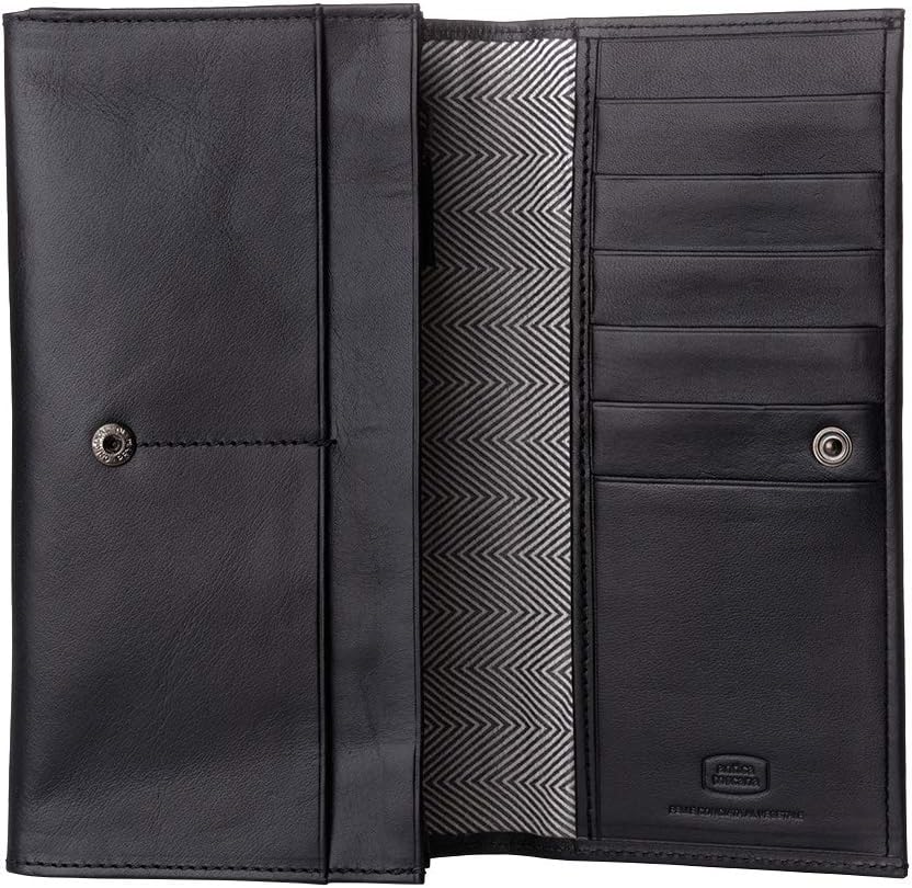 Antica Toscana Ladies Real Leather Long Flap-Over Purse Multi Credit Card Wallet with 2 Gussets & Inner Zip Pocket Black