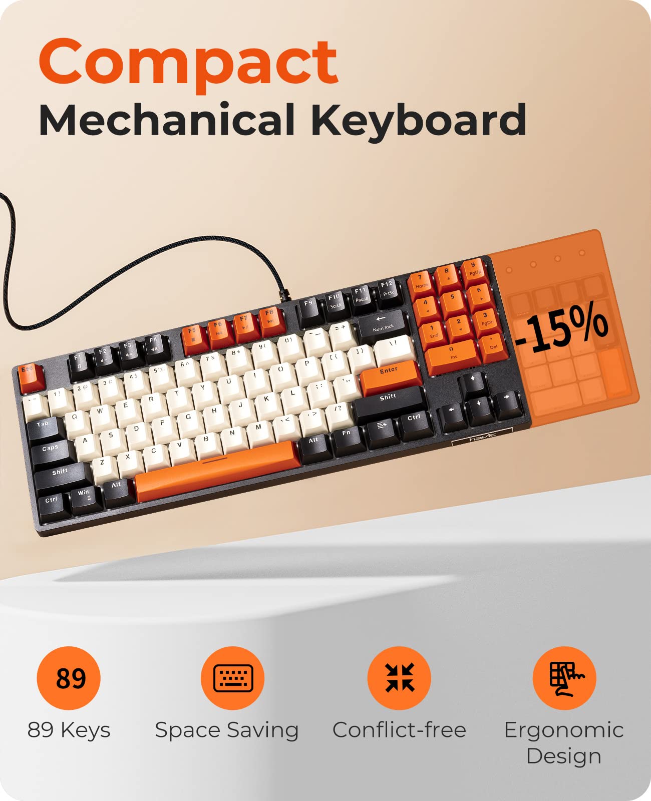 Havit Mechanical Keyboard - Wired Compact PC Gaming Keyboard with Number Pad, Red Switch, 89 Keys (Black)