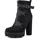 wetkiss Platform Boots for Women, Heeled Combat Boots Chunky Heel Booties Round Toe Lace Up High Heel Ankle Boots