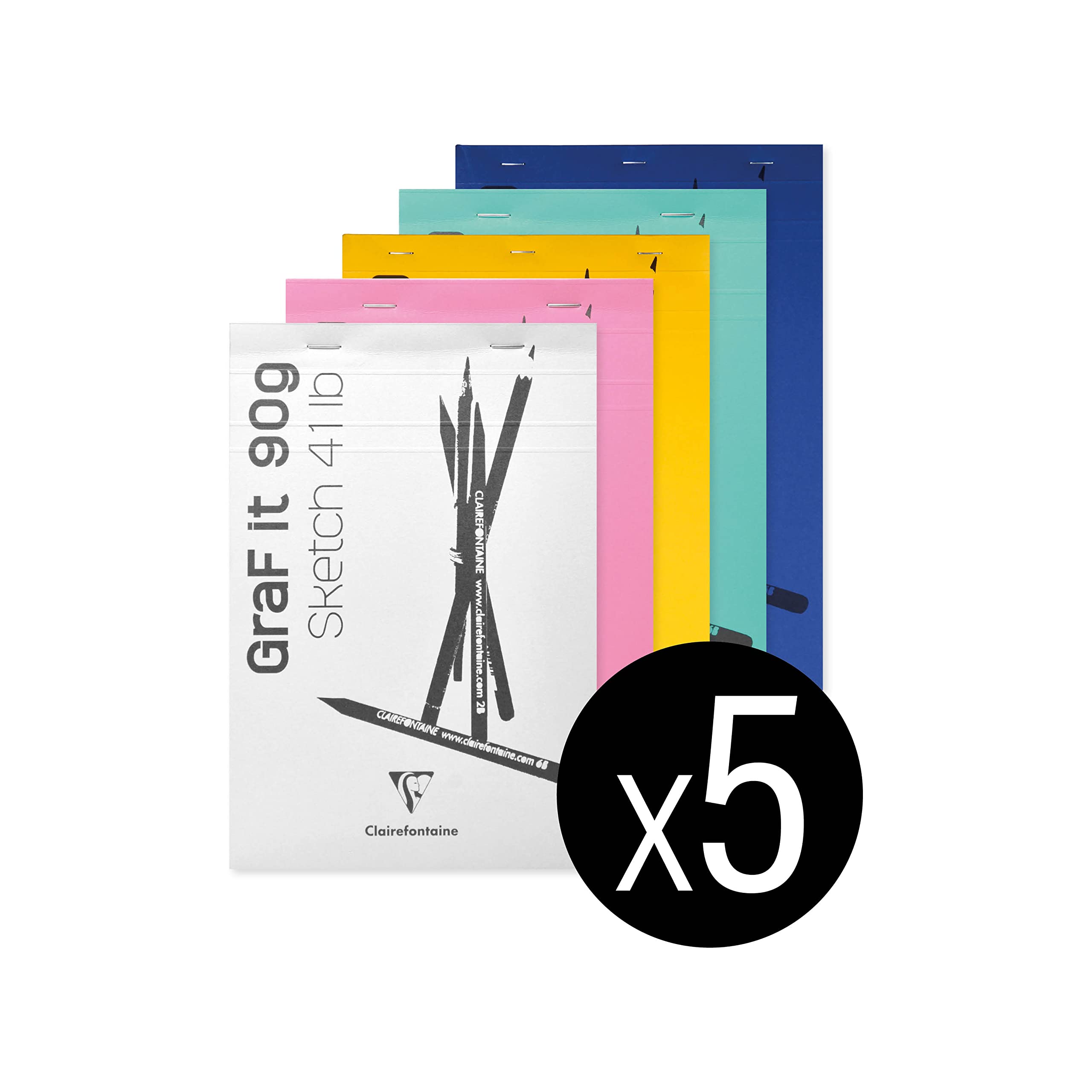 Clairefontaine 96619C Bloc Agrafé GraF'it - 80 Feuilles Papier Dessin Croquis Uni - Feuilles Détachables - A6 10,5x14,8 cm 90g - Couleurs de Couverture ass Aléatoires - Paquet de 5 blocs