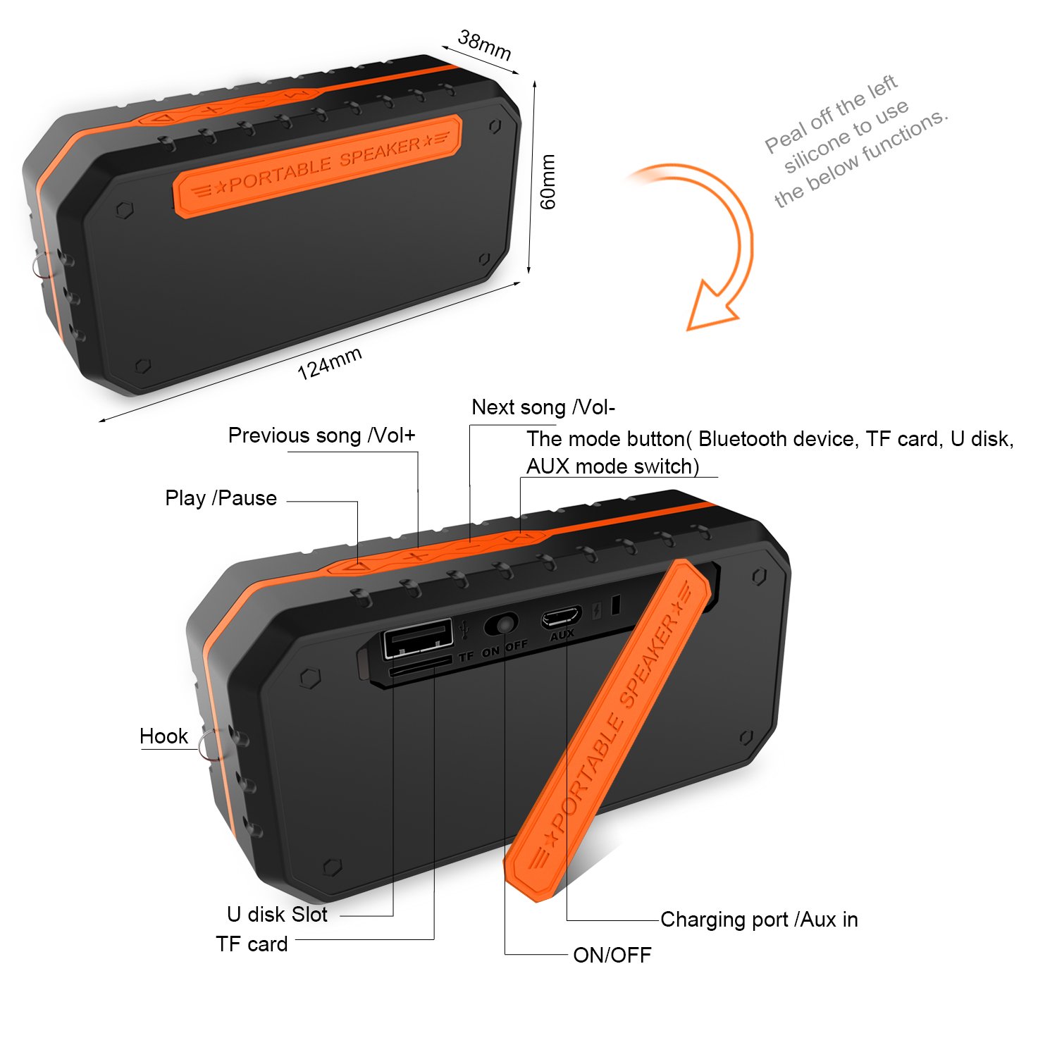 Ifecco Tragbarer Wasserdichter Bluetooth Lautsprecher Speaker Boombox mit 1800mAh Batterie für iPhone, iPad, Samsung, Nexus, HTC und andere Android Geräte (orange)