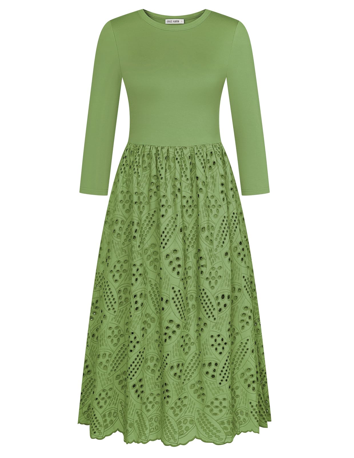 Photo 1 of GRACE KARIN A Line Dresses for Women 2025 3/4 Sleeve Flowy Eyelet Dress Midi Dress Summer Casual Dress Sage Green S