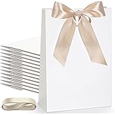 Aliceset 12 Pcs Small Thank You Bridesmaid Gift Bags 10 x 7 x 3.15'' with Die Cut Handles Compact Bags with Bow Ribbon for Wedding Baby Shower Birthday Party Favors(White,Champagne)
