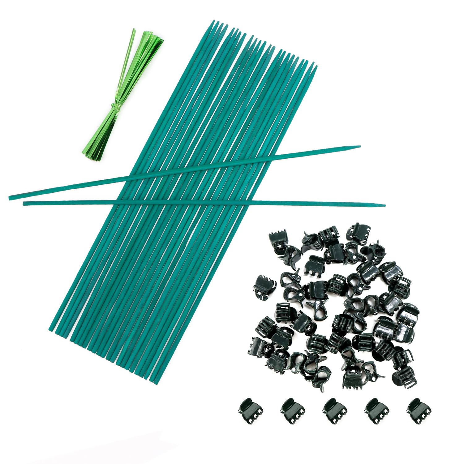 38cm Garden Stakes Bamboo Sticks for Plants, 25pcs Garden Canes Plant Support Sticks With 50pcs Clip and Twist Ties, 15 inch Plant Stakes Plant Canes for Pea, Bean, Tomato, Sunflower, ect