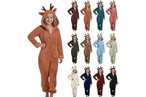 Christmas Fleece Jumpsuit for Teen Boys Girls Reindeer Ear Hooded Full-Zipper Sherpa Plain Onesie Winter Bodysuit