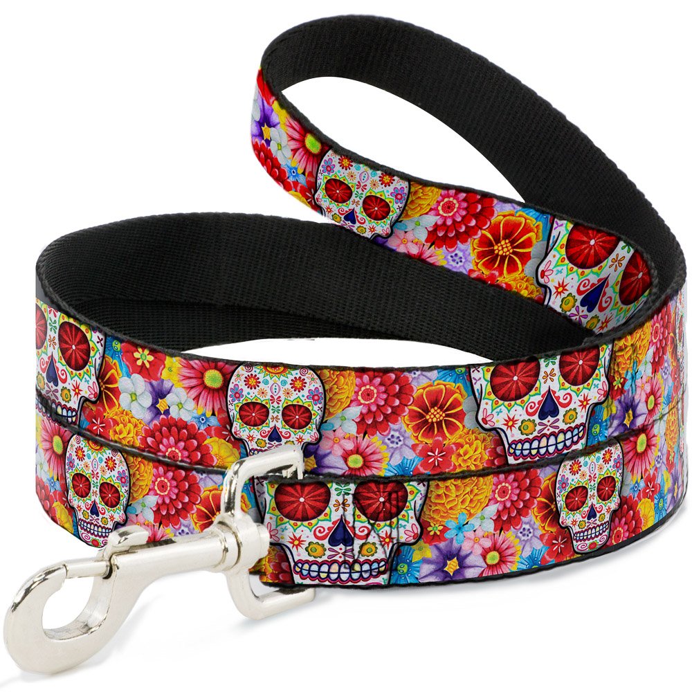 Thaneeya McArdle Pet Leash, Dog Leash, Sugar Skull Starburst White Multi Color, 6 Feet Long 0.5 Inch Wide