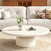 WUPDPQS 45 inch Cream White Oval Drum Coffee Table, B Creamy | For Living Room, MDF with Spray Painting Finish, Mid Century Modern Style, Pedestal Center Table, For Apartment Office