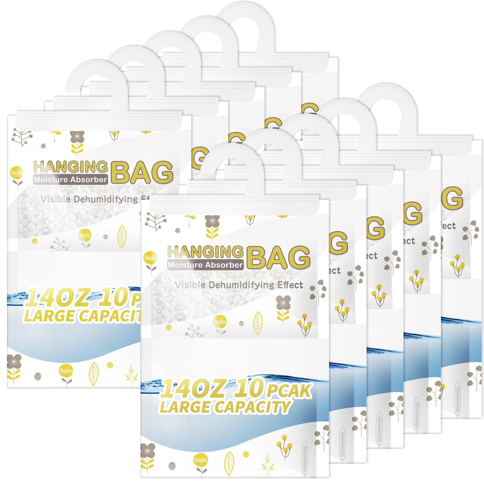 Photo 1 of Vacplus Moisture Absorbers, Hanging Closet Dehumidifier Bags, Humidity Packs, Desiccant, Closet Dehumidifiers with Fragrance Free, 10 Pack, 14.0 OZ