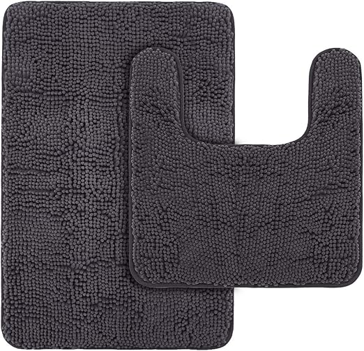 Amazon Com 2 Pieces Bathroom Rugs And Mats Sets Non Slip Luxury Chenille Bath Rug And U Toilet Rug Soft And Ultra Absorbent Plush Bath Mat For Bathroom Tub And Shower Grey Bathroom Rug