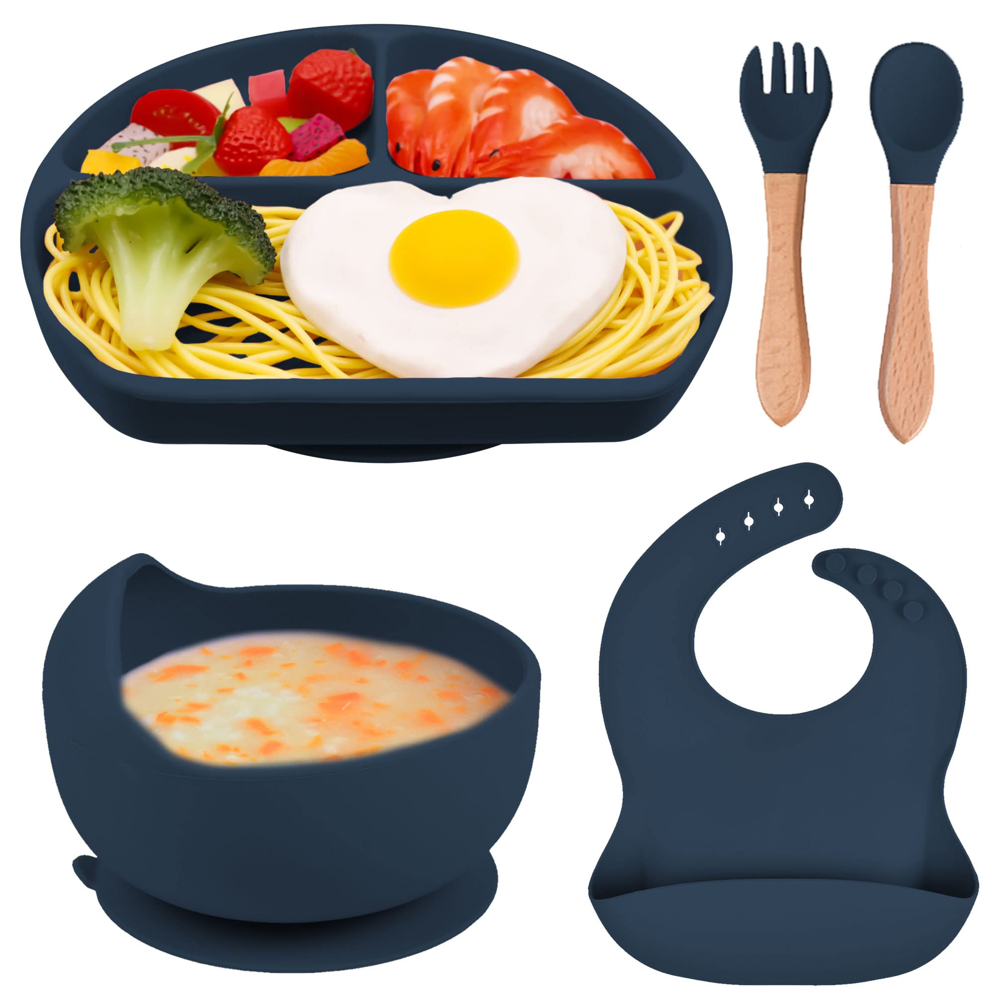 FILOWA Baby Weaning Set,5 PCS Silicone Feeding Set with Suction Plate,Weaning Spoon Fork,Baby Suction Bowl,Adjustable Baby Bibs,Toddler Led Self Feeding Soft Tableware Sets BPA Free for Kids,Blue