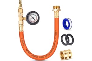 EVOULTES Brass RV Winterizing Kit with Pressure Guage, 17 Inch Garden Hose with 3/4" GHT Blow Out Fitting Adaptor & 1/4" NPT Quick Connect Plug, Sprinkler Blowout Adapter for Camper, Travel Trailer