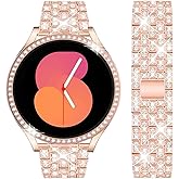 DEALELE Bands Compatible with Samsung Galaxy Watch FE / 5/4 40mm, 20mm Bling Rhinestone Diamond Metal Strap with Protective Case Replacement Bracelet and Watch Cover for Women Men (40mm, Rose gold)