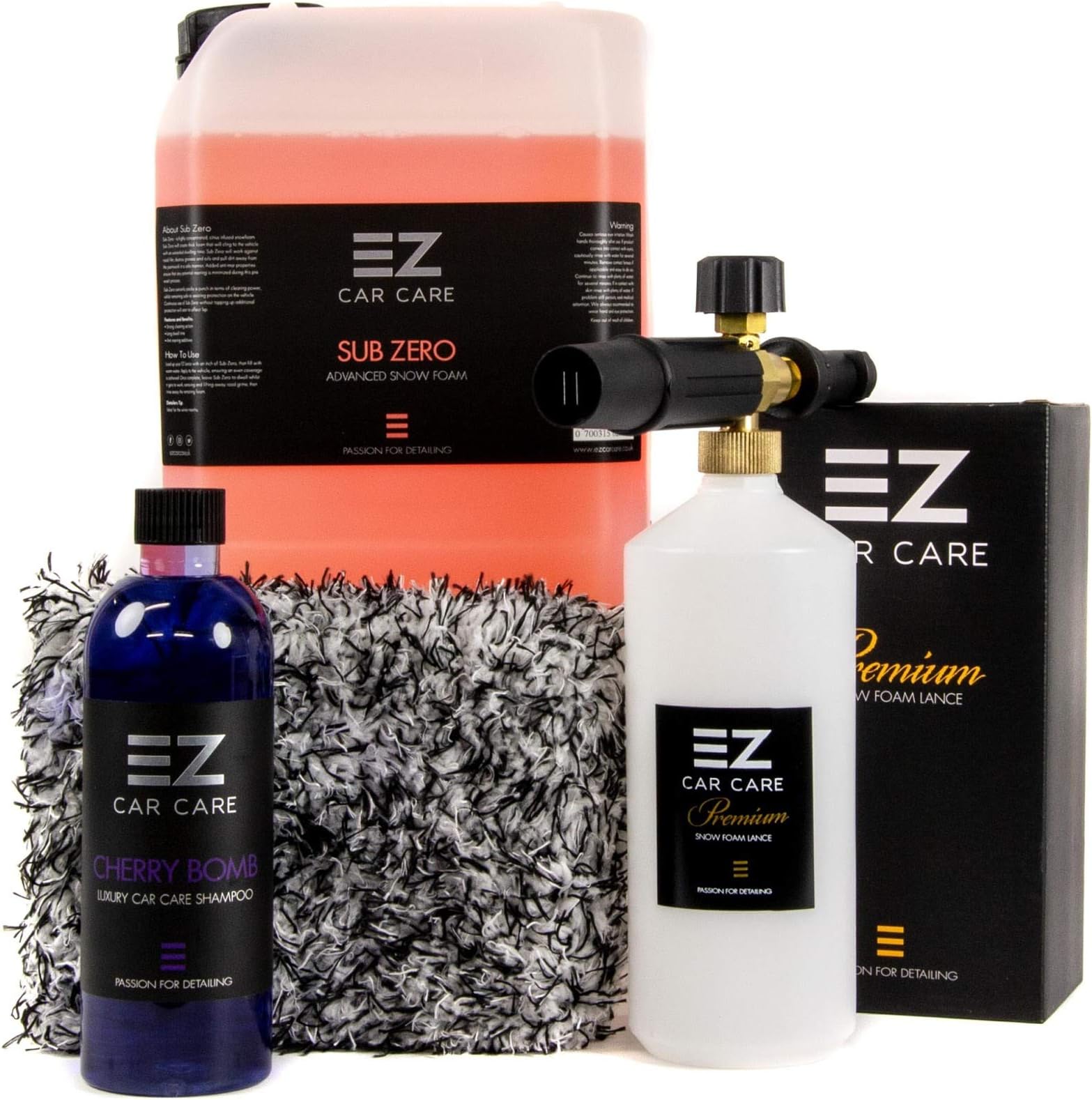 Snow Foam Lance Gun Kit + 5L Sub Zero Snow Foam With Cherry Bomb Shampoo and Microfibre Wash Pad by EZ Car Care (Nilfisk Straight Lug)