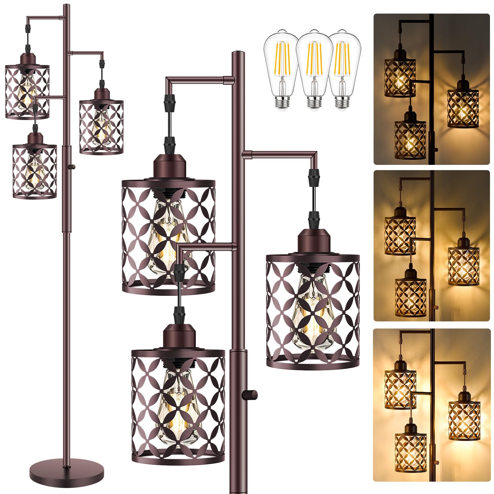 Photo 1 of ?Upgraded?72" Tall Dimmable Floor Lamp, Farmhouse Standing Lamp with Elegant Metal Cages, Industrial Tree Floor Lamps for Living Room, Bedroom, Study Room, Office (3 x 800LM LED Bulbs Included) -Brown