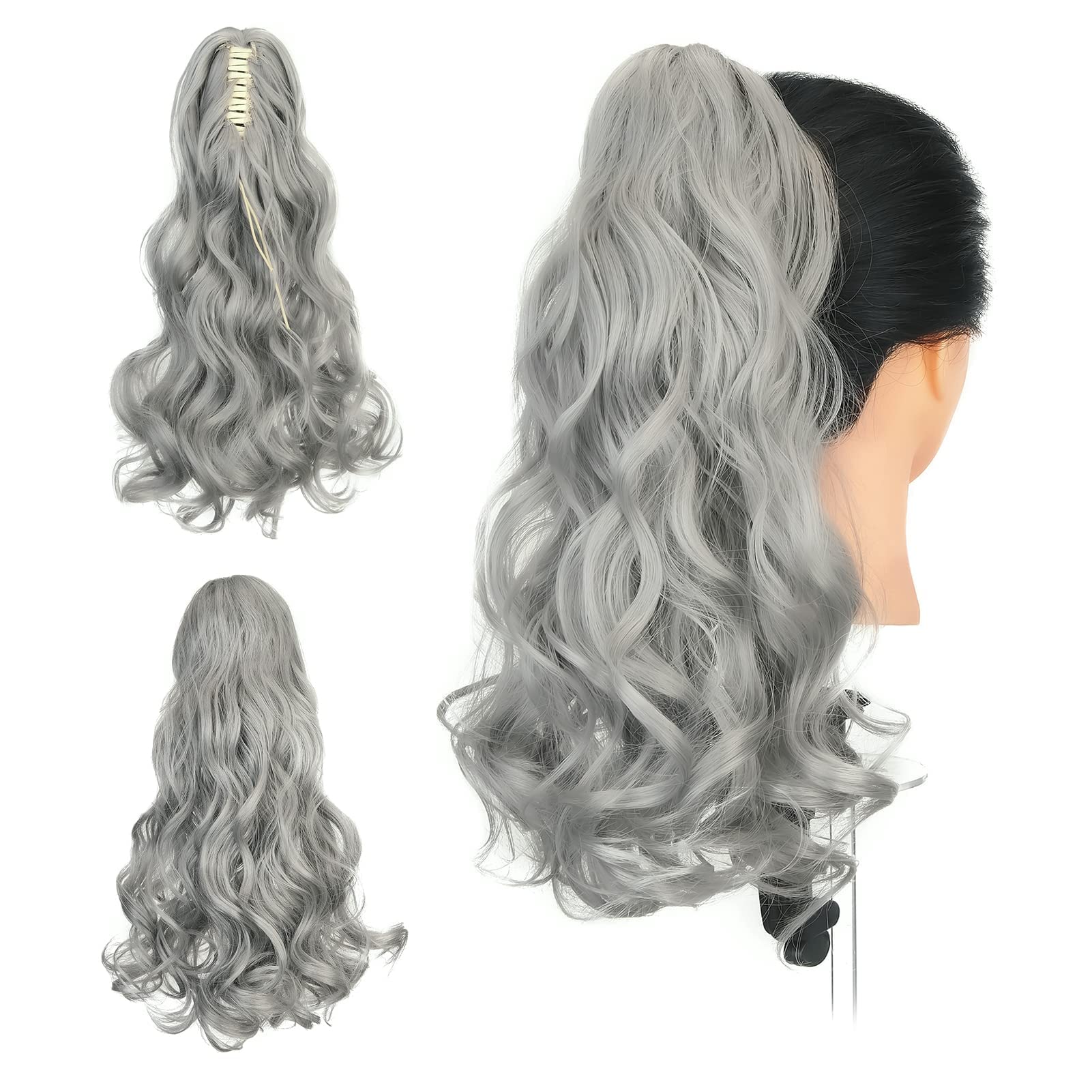 Gairyan 18inch Ponytail Extension Clip in Ponytail Hair Extensions Curly Wavy Pony Tails Claw on Ponytail Long Synthetic Hairpieces for Women Soft Real Look Wave (Dark Gray)