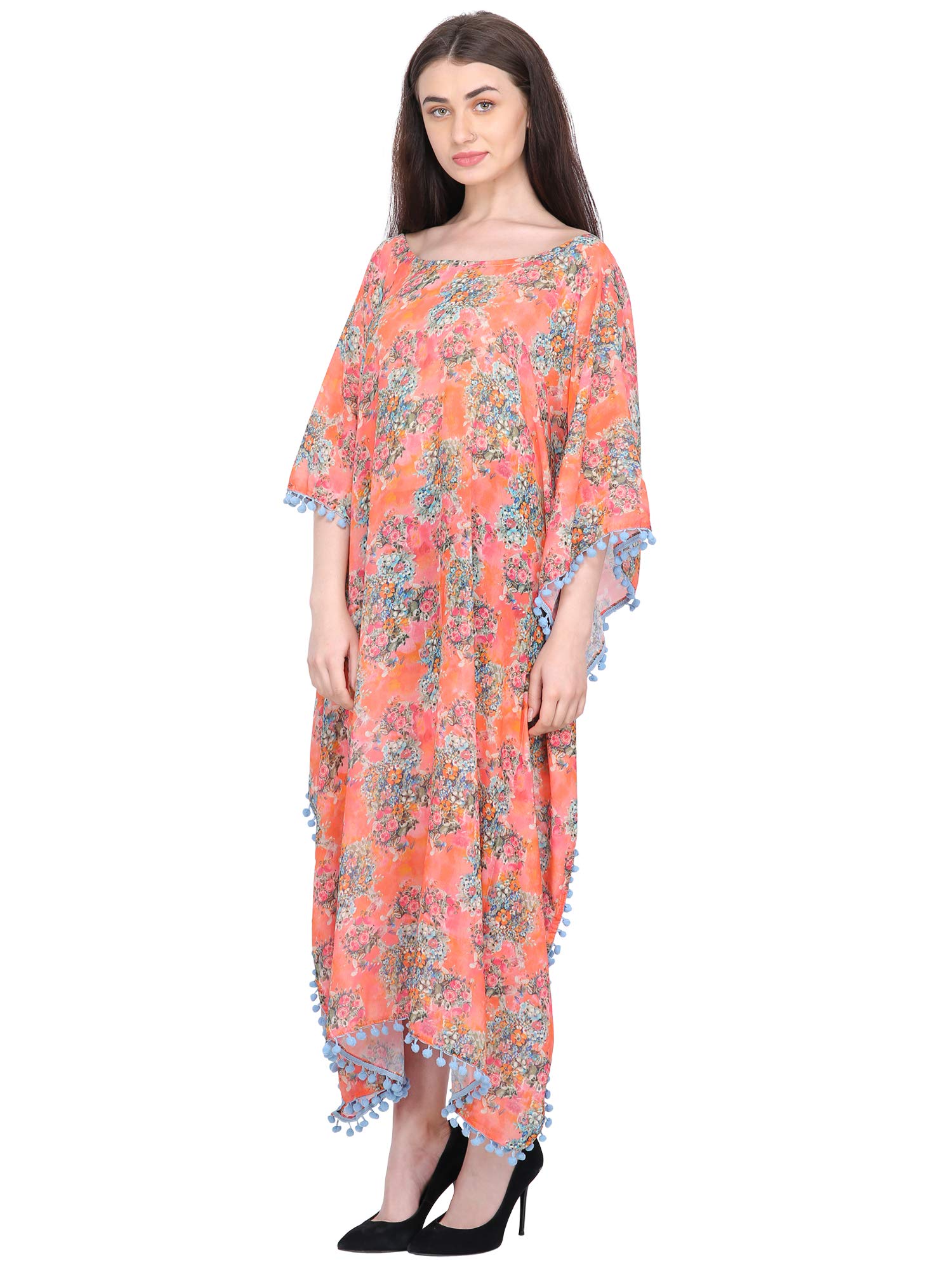 InTrend ForeverDigital Floral Printed Georgette Kaftan Maxi Dress with Pom Pom Lace Beach Cover Up Kimono Sarong Cape Style Free Size for Women