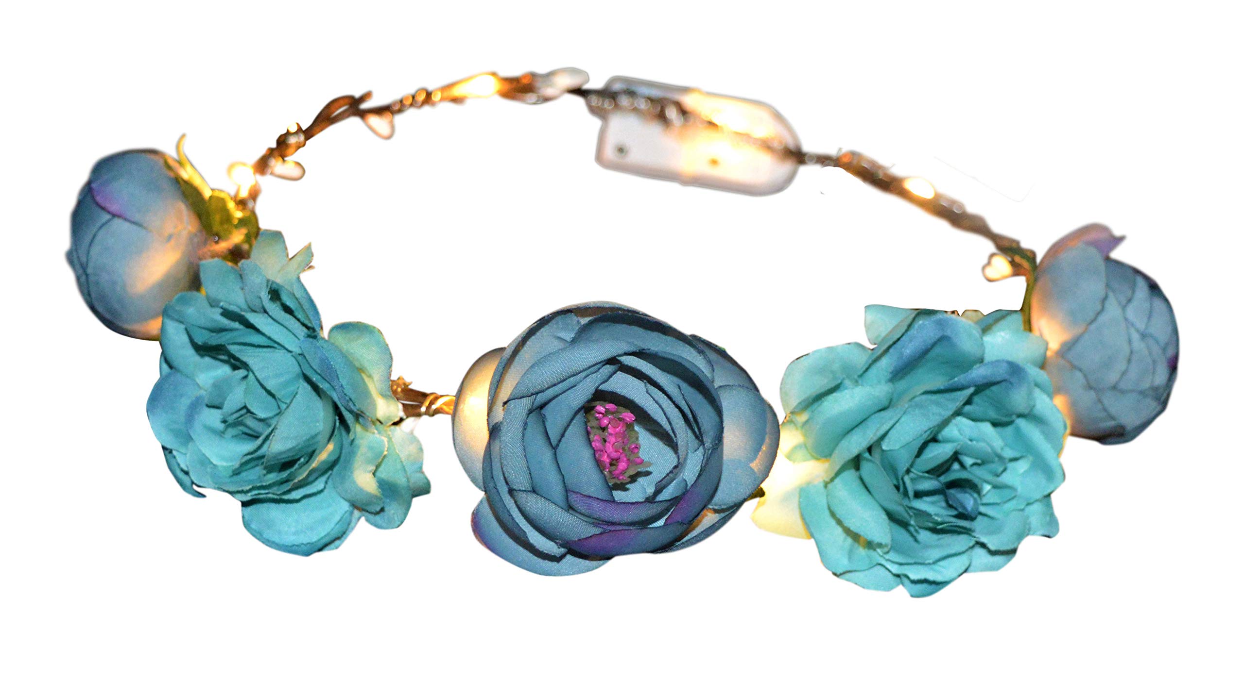 Glowtopia Light Up Floral Wreath Crown Garland with Warm White LEDs Flower Headband Wedding Decoration Festivals (Turquoise Camellia Flower)