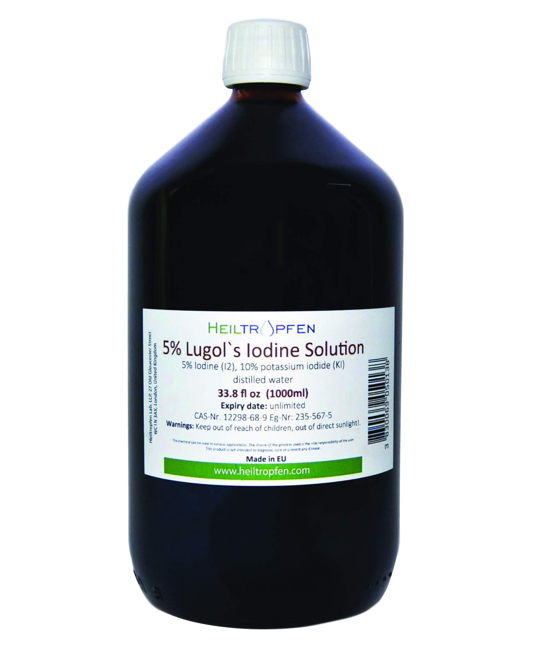 Lugols Iodine Solution 33.8 Oz - 1000 ml | 15% Lugol's Liquid Formulation | Made with 5 Percent Iodine and 10% Potassium Iodide Liquid | Drops | Third-Party Tested | Heiltropfen®