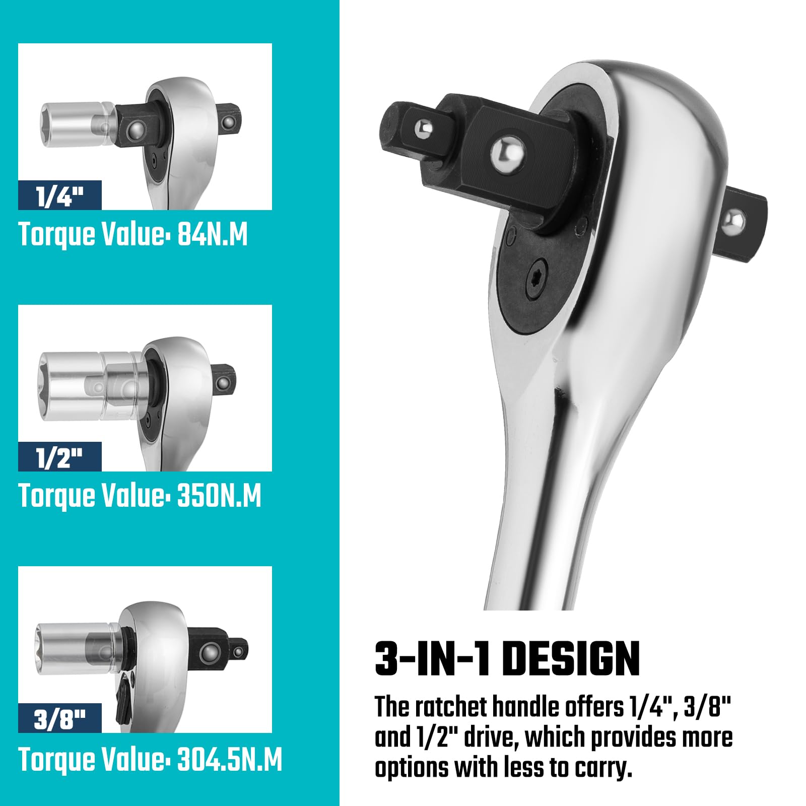DURATECH 3-IN-1 Umschaltknarre, 1/4", 3/8", 1/2" Ratschengriff, umkehrbarer Ratschenschlüssel aus Legierungsstahl, 72-Zahn Steckschlüssel für Auto-Reparatur 2