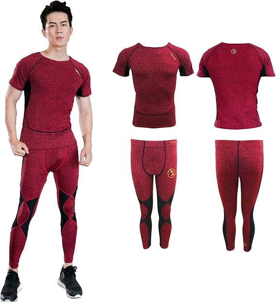 Amazon コンプレッションウェア メンズ フィットネスウェア メンズ 半袖シャツ 加圧タイツ 吸汗 速乾 高弾力 ラウンドネック スポーツウェア2点セット 赤l コンプレッショントップス 通販