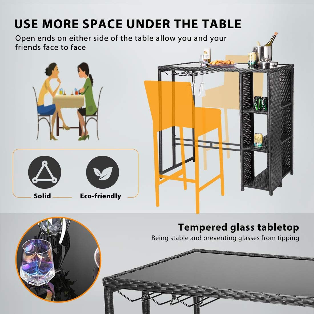 VIVOHOME Outdoor Patio Wicker Bar Table Rattan Counter Furniture with 3 Goblet Holders and 3 Storage Shelves for Lawn Garden Backyard Black: Kitchen & Dining