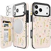 uCOLOR for iPhone 17 Pro Max Wallet Case Magsafe with Card Holder Slot【Compatible with MagSafe】 Folio Flip PU Leather Magnetic RFID Design with Camera Lens Protector 6.9” (Nude Wild Flower)
