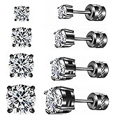 ZQGOFPT 4 Pairs Titanium Hypoallergenic Earrings for Sensitive Ears,Rainbow 5A Cubic Zirconia Screw Back Stud Earrings for Women Men Surgical Stainless Steel Double Side Earrings Piercing Sleeper Studs Jewelry