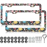 Colorful Flowers License Plate Frames - 2 Pack Cute Floral License Plate Holder Universal Stainless Steel Rust-Proof Waterproof Car Decorative Tag Frames for Standard US 12x6 Inch