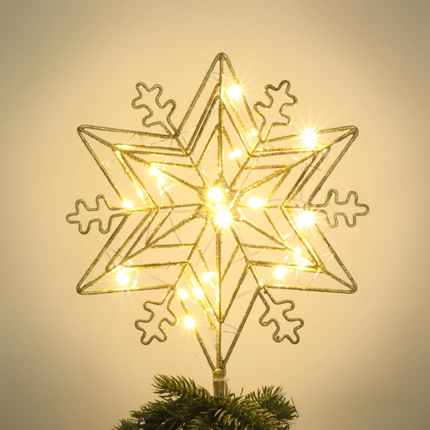 Tree Toppers - Christmas Tree Topper, PHITRIC 10 Inches Lighted Gold Snow Tree Topper, 20 LED Lights Gold Glitter Powder Tree Toppers Christmas Decorations, Festive Christmas Tree Star for Christmas Tree Decorations