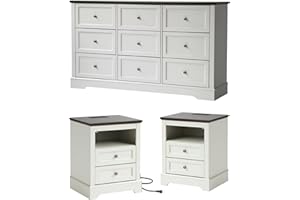 LOUVIXA Bedroom Sets, Include 9 Drawer Dresser, and Nightstand Set of 2 with Charging Station (White Sets, 3 Pieces)