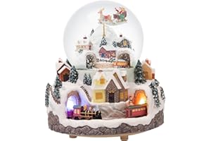 JUNILAND Triple Revolving Illuminated Train Musical Village Winter Scene Flying Santa Snow Globe (Jingle Bell)