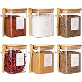 HHMJSM 6 Pcs Square Glass Jar with Bamboo Lid and Spoon - 27 oz Large Sugar Container with 148 Kitchen Pantry Spice Jar Labels Preprinted - Glass Containers with Wooden Lids Hold Coffee, Tea, Candy