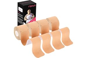 REFUN Kinesiology Tape Precut (4 Rolls Pack), Elastic Therapeutic Sports Tape for Knee Shoulder and Elbow, Pain Relief, Waterproof, Latex Free, 2" x 16.5 feet Per Roll, 20 Precut 10 Inch Strips Beige