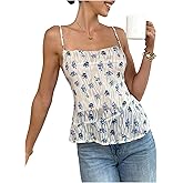Floerns Women's Floral Square Neck Mesh Camisole Spaghetti Straps Bow Tie Backless Cami Tops