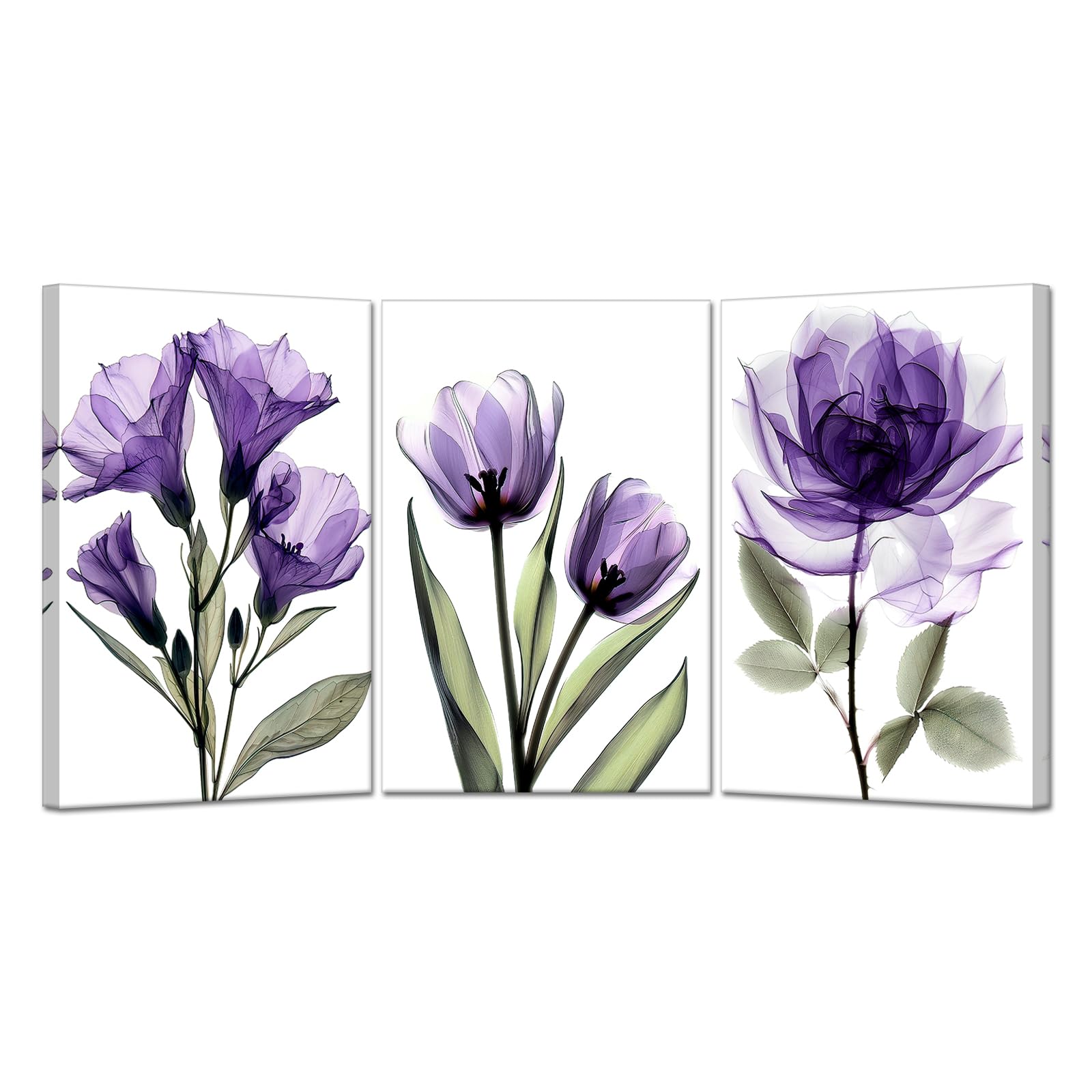 Photo 1 of *Stained?/Smudged* KREATIVE ARTS Chic Tropical Home Decor - 3 Piece Set, 16x24'' Each, Purple X-Ray Flowers Giclee Print, Modern Photographic Floral Canvas Wall Art, Ready to Hang for Bathroom, Bedroom