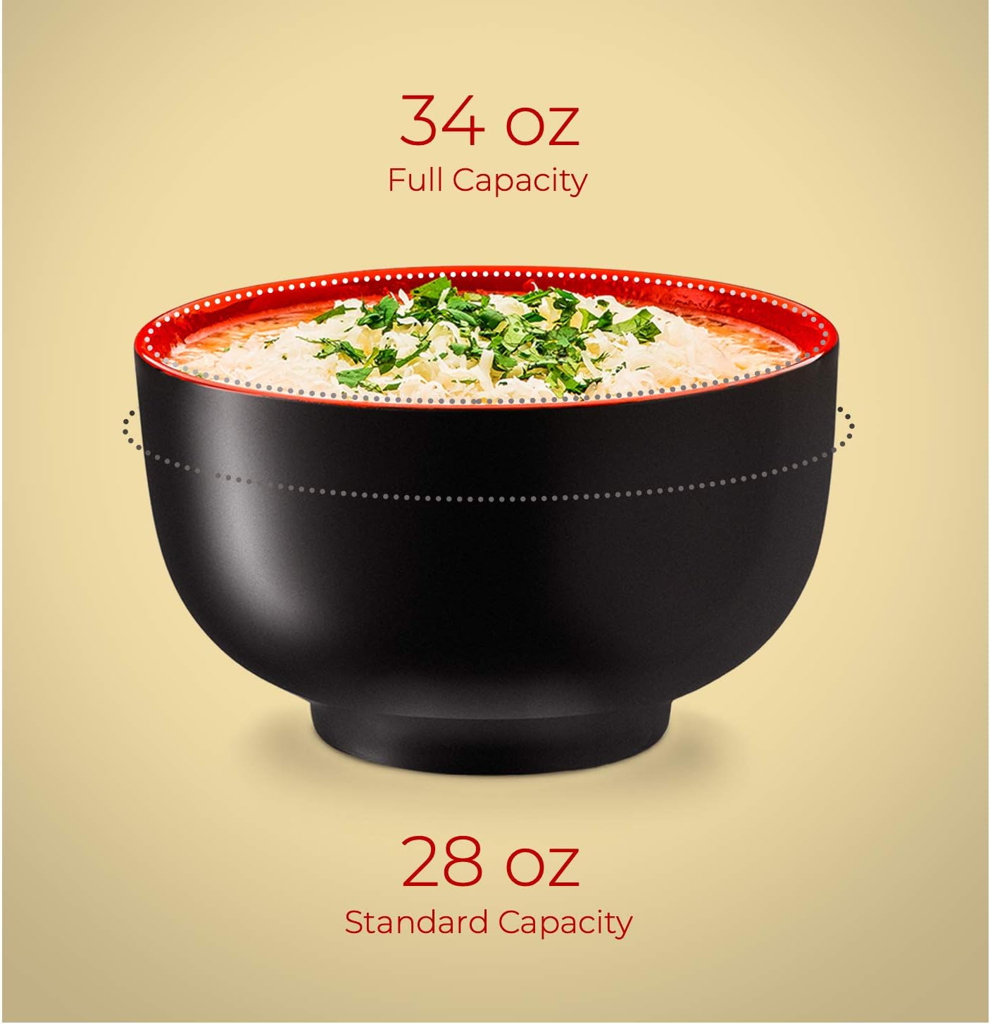 KooK Japanese Ceramic Noodle Bowl, Pho, Ramen, Deep Interior, Black and Red, capacity limit 34 oz - Set of 4: Kitchen & Dining