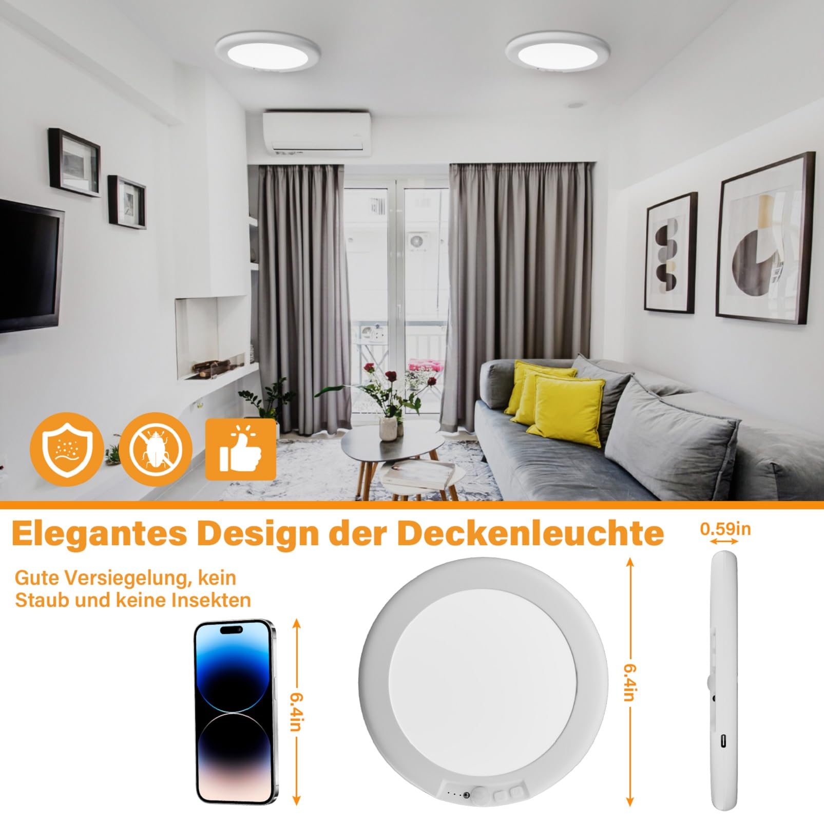 Akku Deckenlampe mit Bewegungsmelder, Aufladbar Akku Deckenleuchte Ohne Stromanschluss, 4000MAH LED Batteriebetriebene Deckenleuchte mit fernbedienung, Ohne Bohren,Dimmabar,3000K,4000K,6500K,Φ19CM