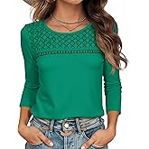 Tankaneo Womens Long Sleeve T-Shirts Dressy Casual Lace Tops 2025 Fall Trendy Crewneck Loose Blouses Green