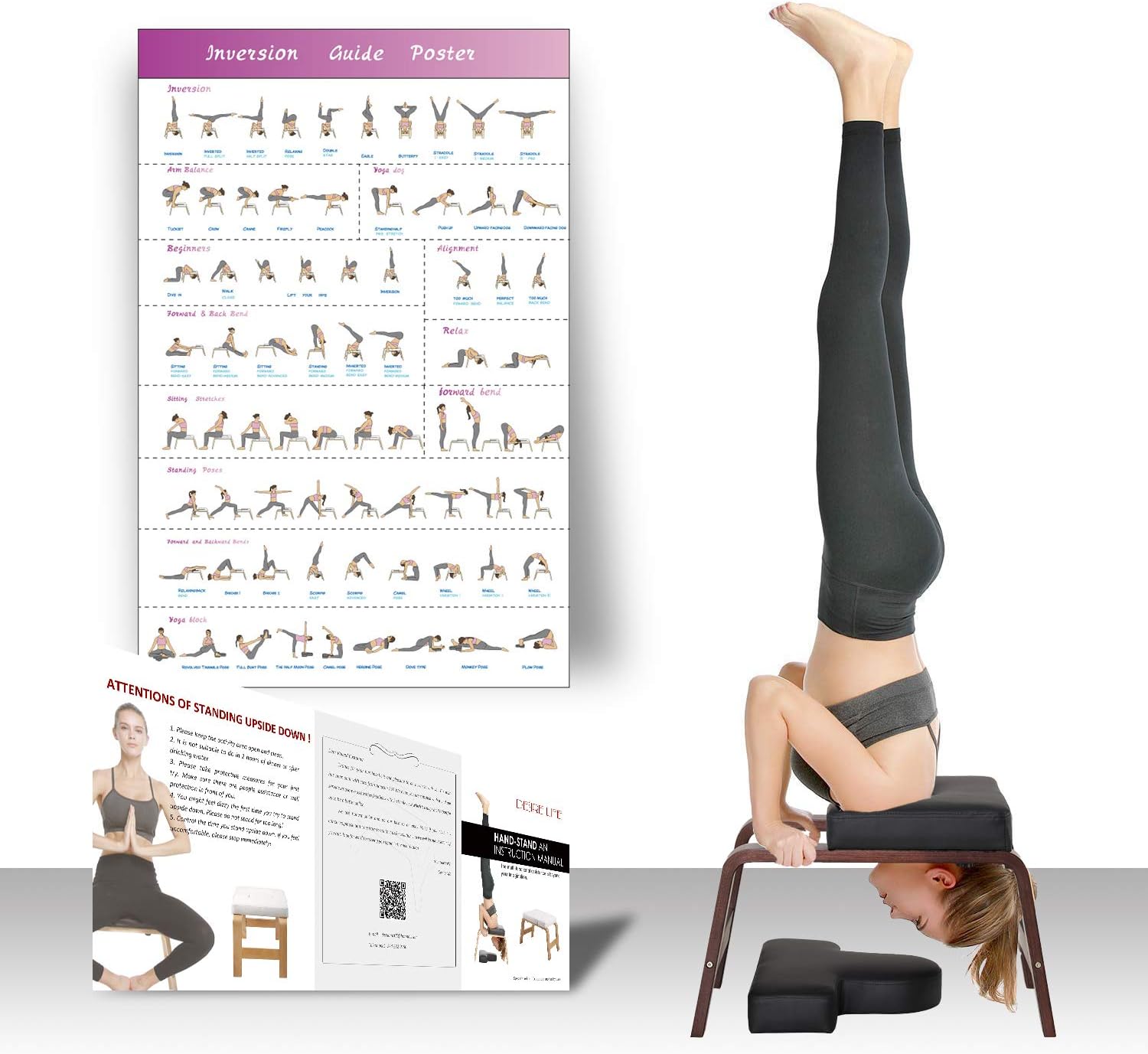 Restrial Life Yoga Headstand Bench- Stand Yoga Chair for Family, Gym - Wood and PU Pads - Relieve Fatigue and Build Up Body