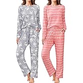 Ekouaer 2 Pack Women Pajama Long Sleeve Sleepwear Soft Loungewear Pjs Sets with Pockets S-XXL