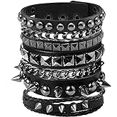 Eigso Leather Punk Rock Cuff Bracelets for Men Women Retro Vintage Chain 80s Wristband Set for Man Woman