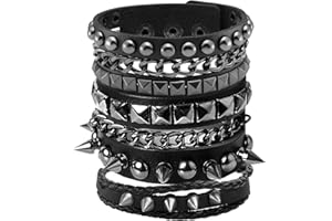 Eigso Leather Punk Rock Cuff Bracelets for Men Women Retro Vintage Chain 80s Wristband Set for Man Woman