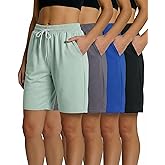Real Essentials 4 Pack: Women's Dry-Fit Athletic 7" Bermuda Long High Waisted Running Shorts (Available in Plus Size)