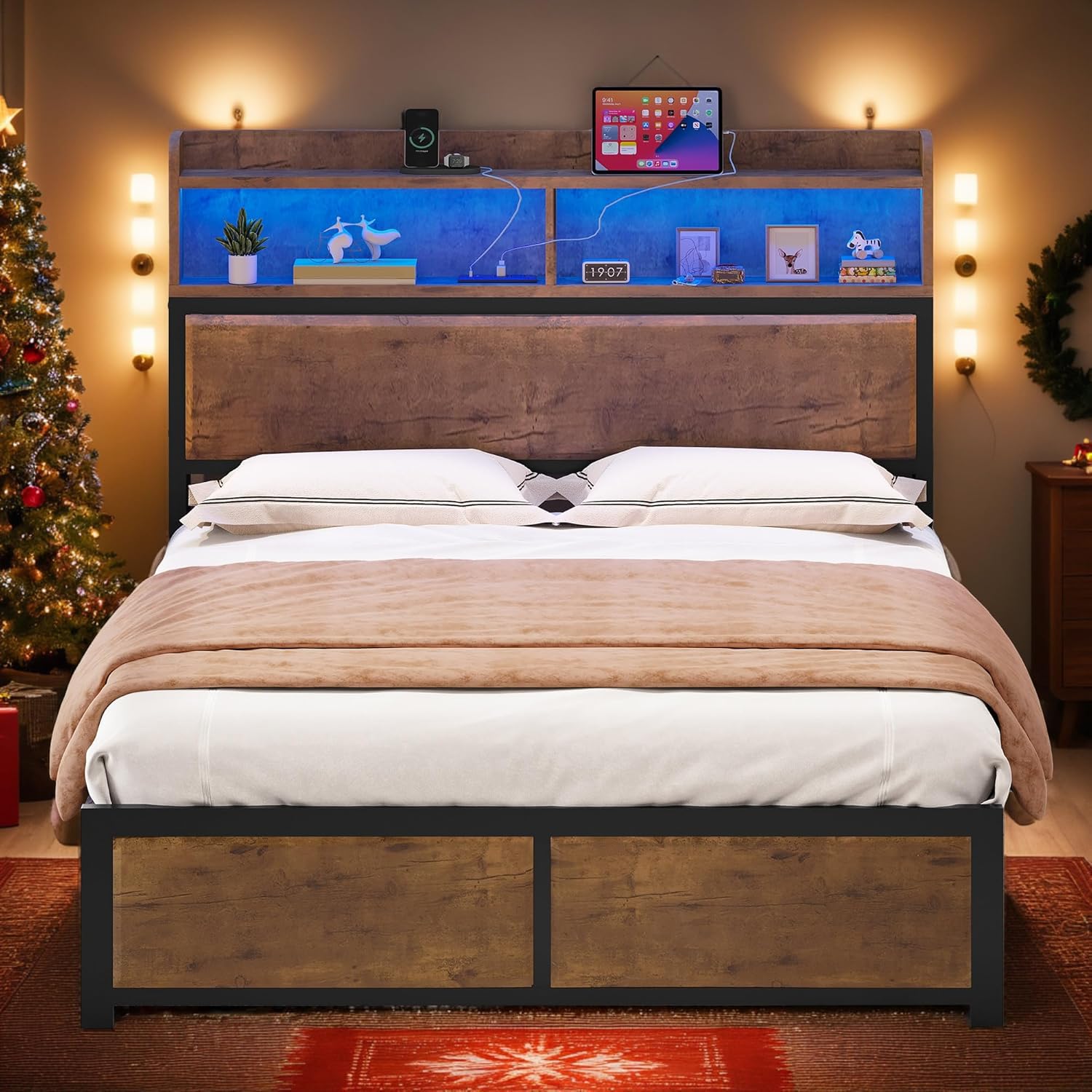 Photo 1 of ** SET 2 BOX NEW ** YITAHOME Queen Bed Frame with 2-Tier Storage Headboard, Metal Platform Bed Frame with Charging Station & LED Lights, Noise-Free/Metal Support/No Box Spring Needed, Rustic Brown