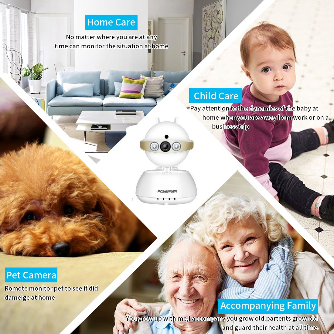 Home Camera,POWERIVER WiFi IP Indoor Security System with Motion Detection,Two-Way Audio & Night Vision for Baby / Pet / Front Porch Monitor,Remote Control with iOS,Android,PC App(Gold)
