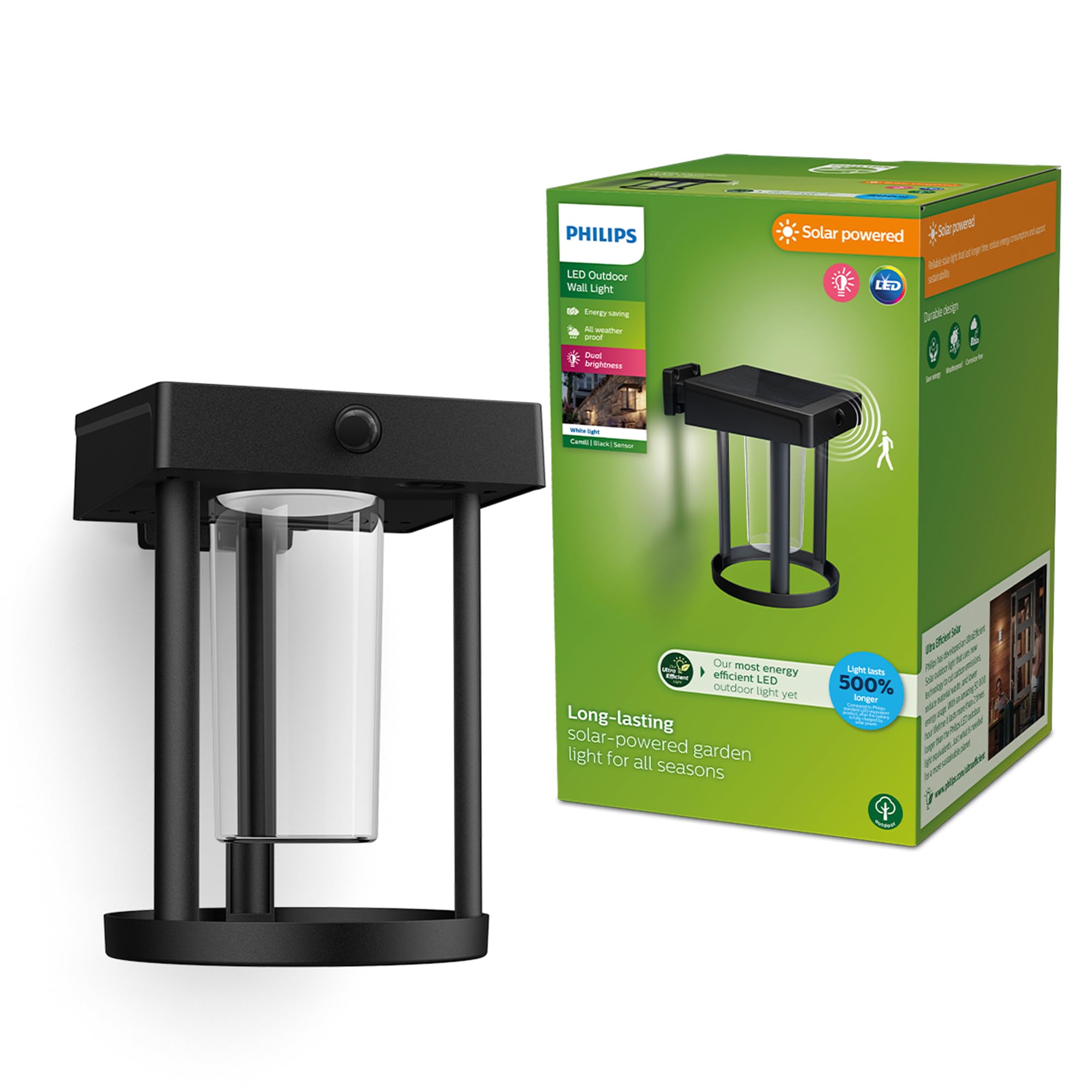 Philips Lighting Camill UltraEfficient Outdoor Solar Wall Light, Round, 1.4W, 3000K, Black, Clear, Motion Sensor, IP44 Weatherproof