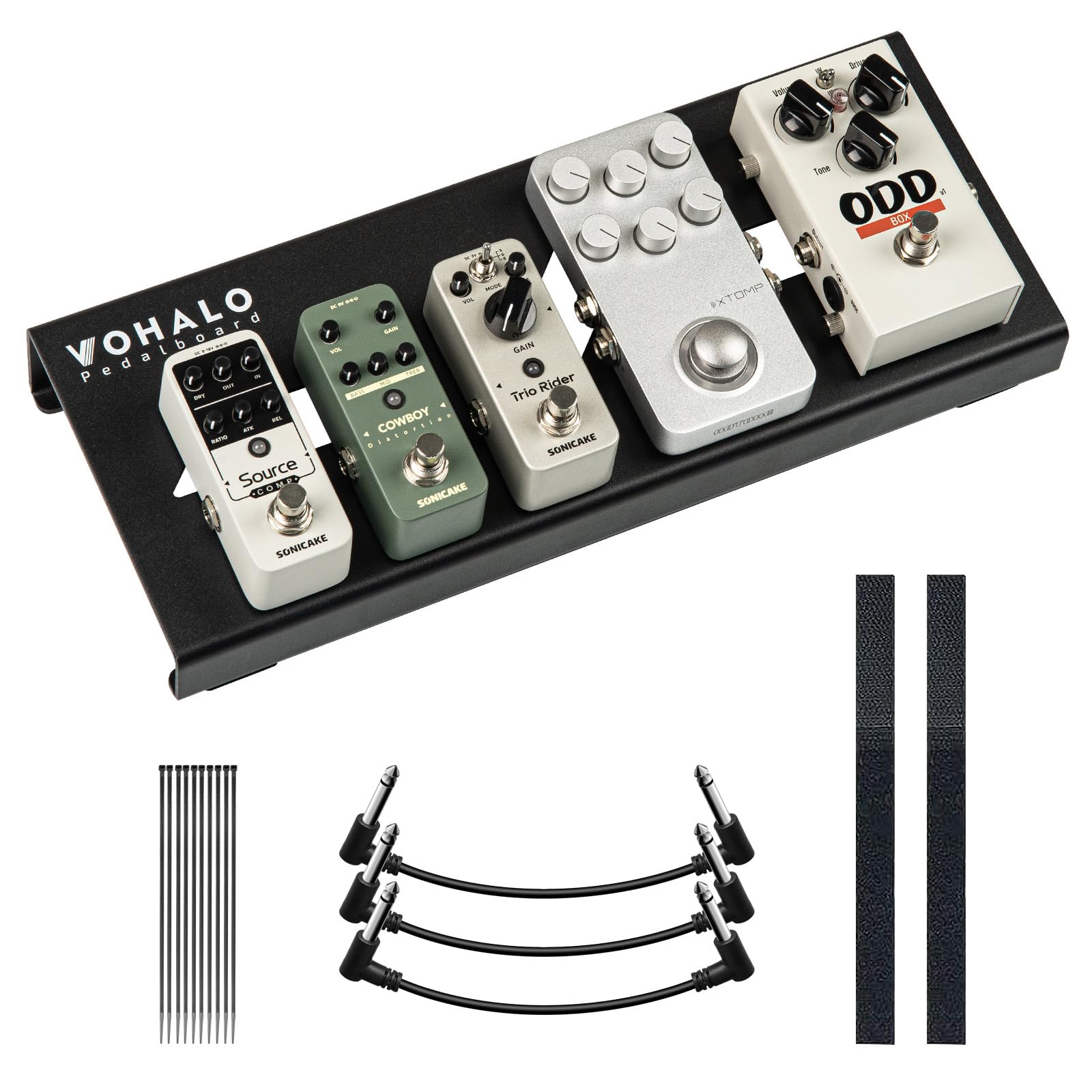 VOHALO Guitar Pedal Board 14.10" x 5.50" x1.20" Aluminum Alloy Effect Pedalboard with Pedals Mountain Tape Cable Tie Patch Cables, Black
