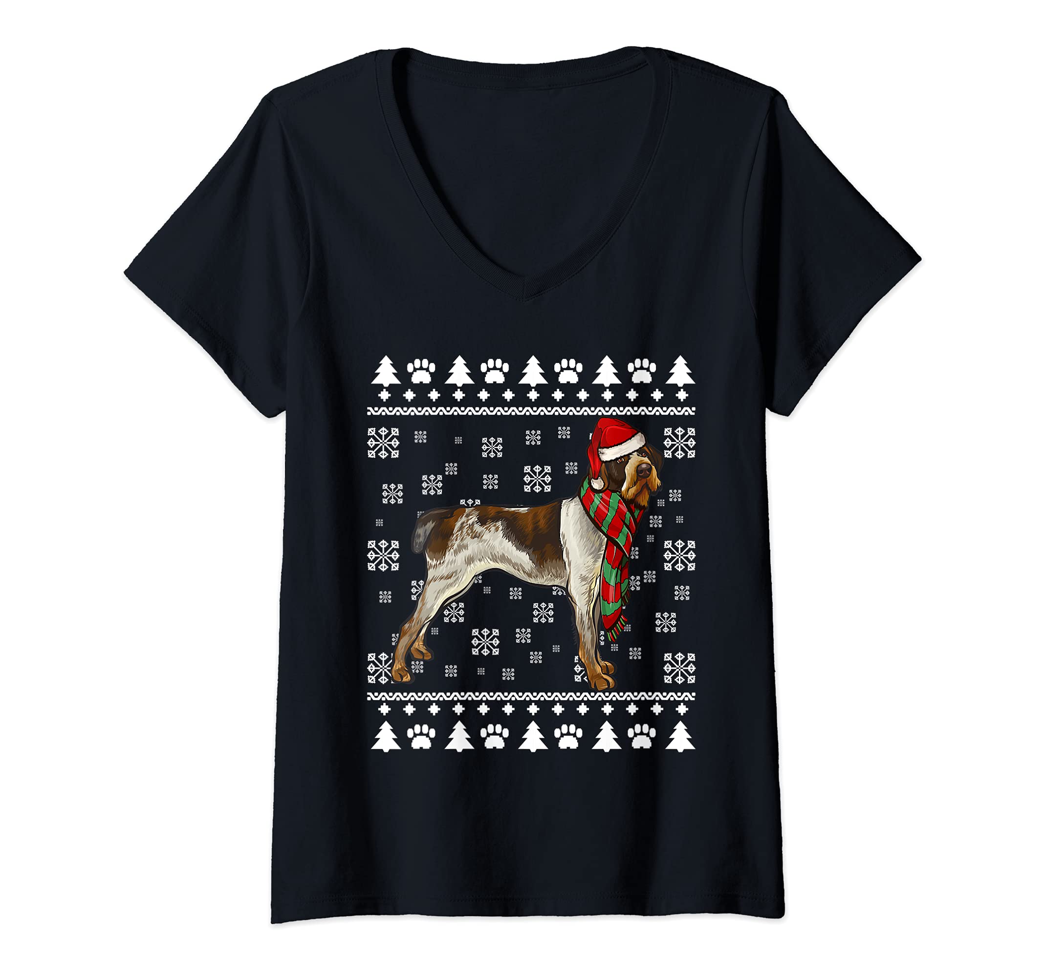 Womens German Wirehaired Pointer Dog Santa Hat Xmas Ugly Christmas V-Neck T-Shirt