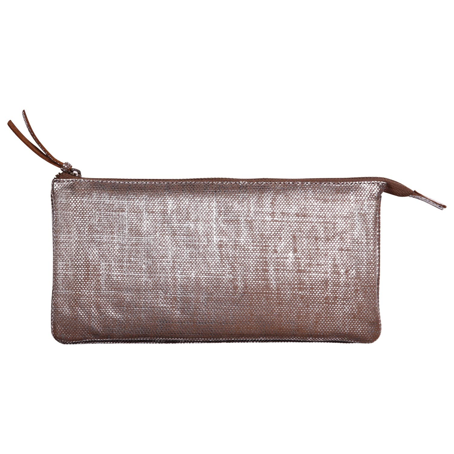Clairefontaine - Ref 410050C - Kleo-Pathra' Leather Large Flat Pocket With 2 Compartments - 22 x 11cm, Made From Genuine Lambskin Leather, Metal Zip With Leather Puller - Silver