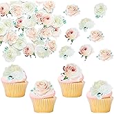 Ephlyn 48Pcs Rose Cupcake Toppers Wafer Paper Rose Flower Cupcake Picks Rose Edible Cupcake Decorations for Roses Theme Wedding Engagement Valentine's Day Birthday Party Decoration Supplies White